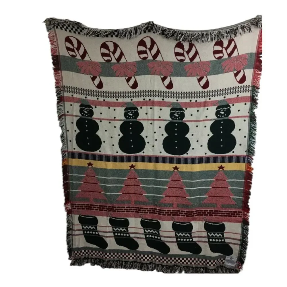 Snowman Woven Throw Blanket‎ Crown Crafts Candy Canes Christmas Trees Stockings